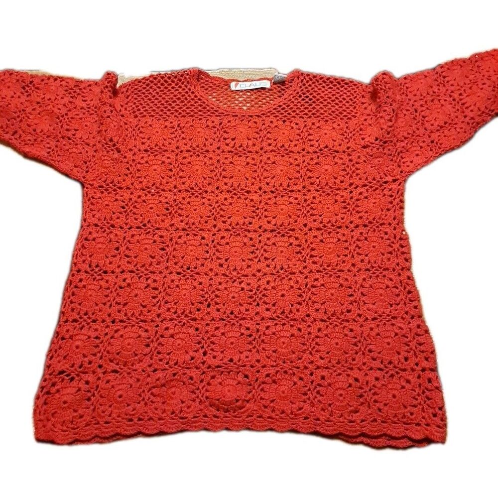 VTG Chaus Woman Crochet Sweater M L Red Open Knit Dolman Sleeves Cottagecore - Picture 3 of 7